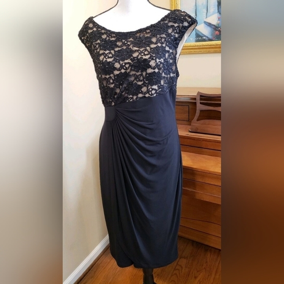 Chic Navy Lace Midi Cocktail Dress - Picture 1 of 7